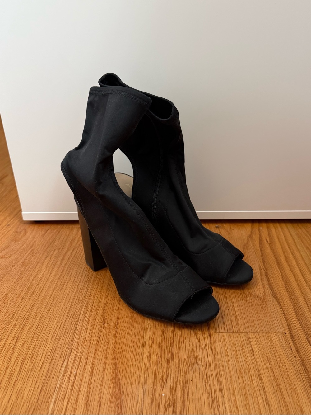 Aldo Black Peep-Toe Sock Boot Heels